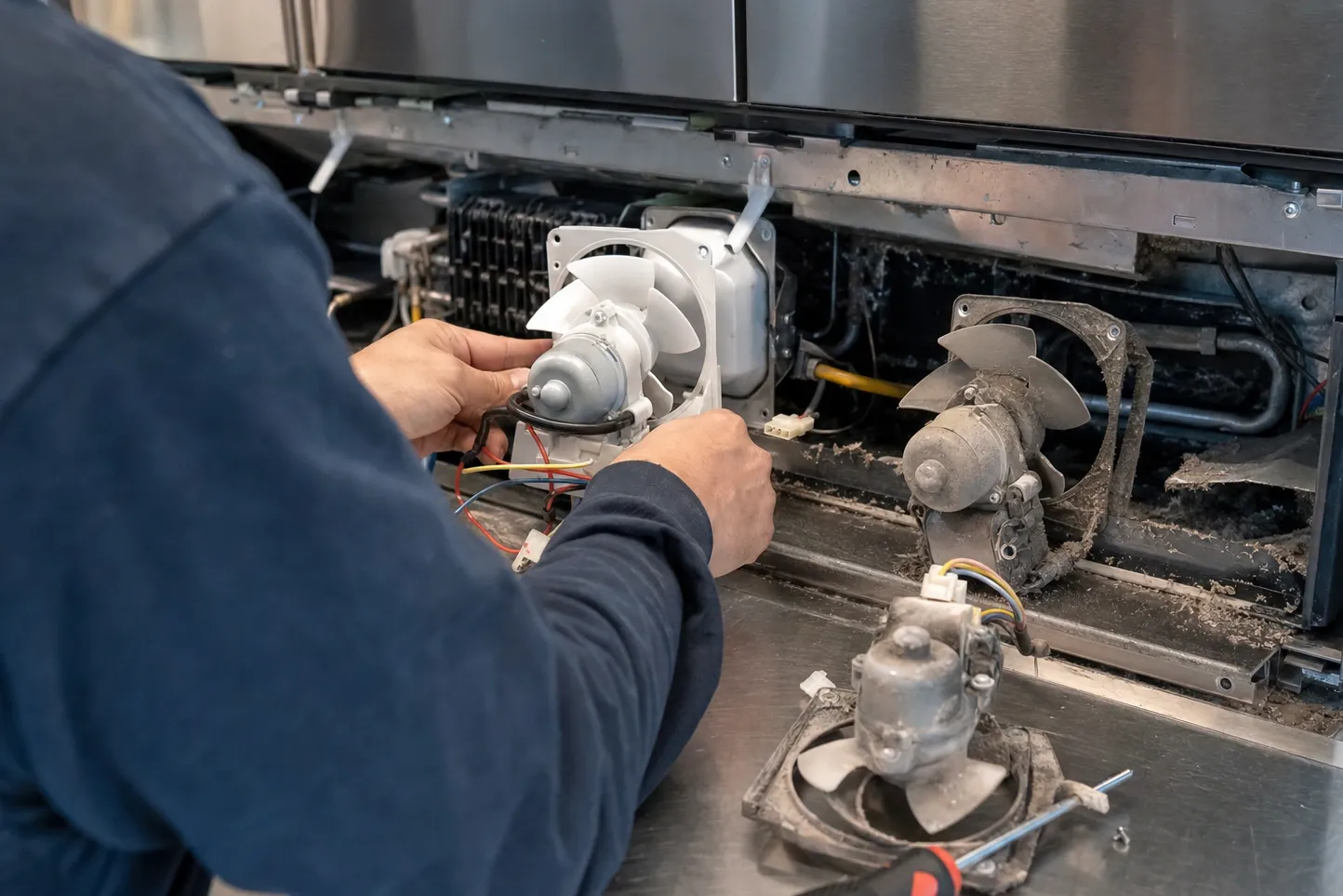 Hands holding a new evaporator fan motor and blade at an open refrigerator compartment, two dust-caked old motors on the floor