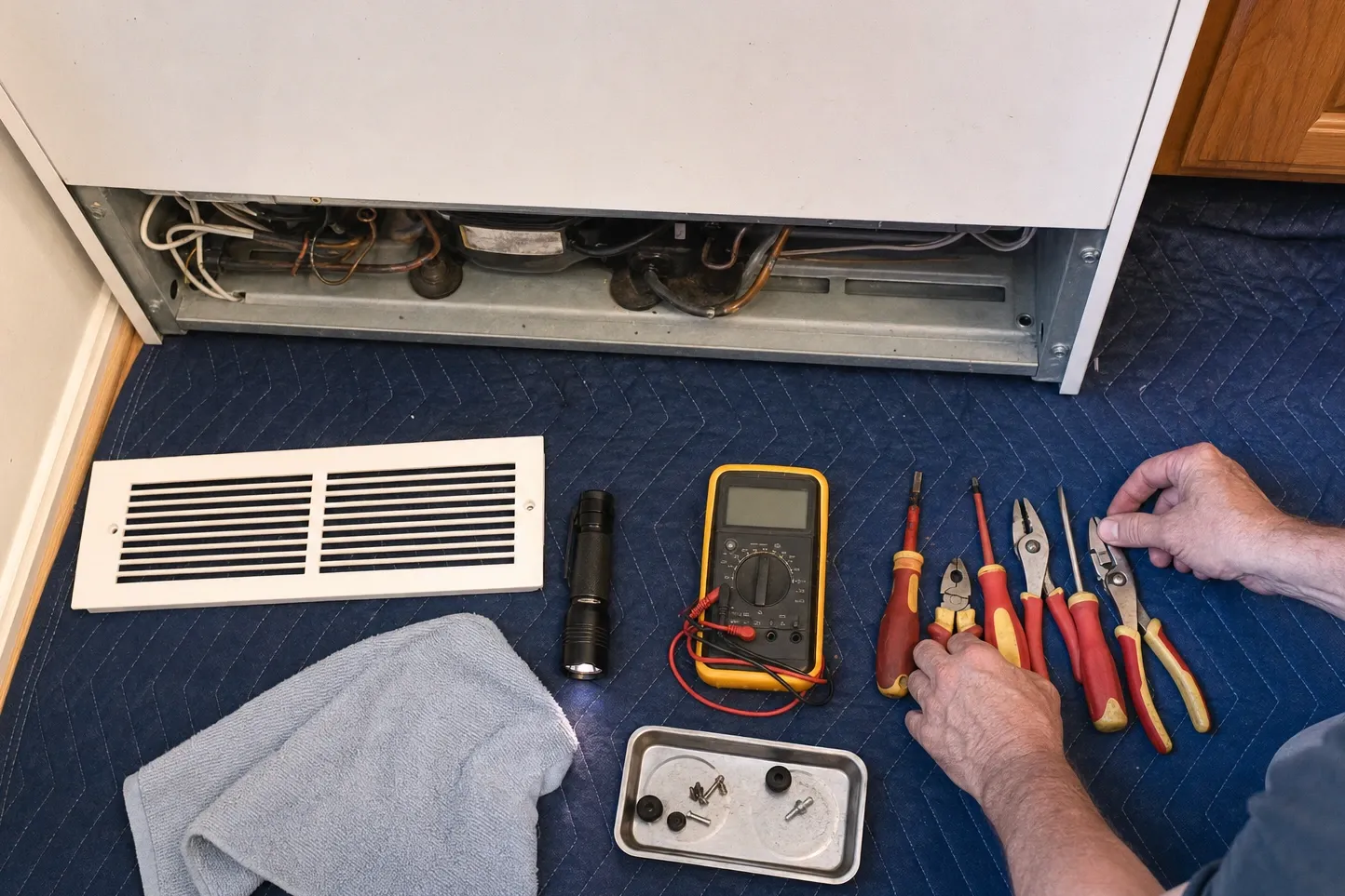 Top-down view of a refrigerator with its lower grille off, compressor visible, tools and a removed vent grille laid out on a blanket
