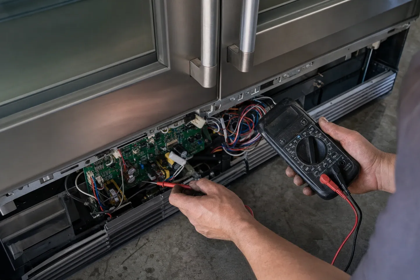 Multimeter probes on a control board in the lower service bay of a glass-door refrigeration unit, wiring loom alongside