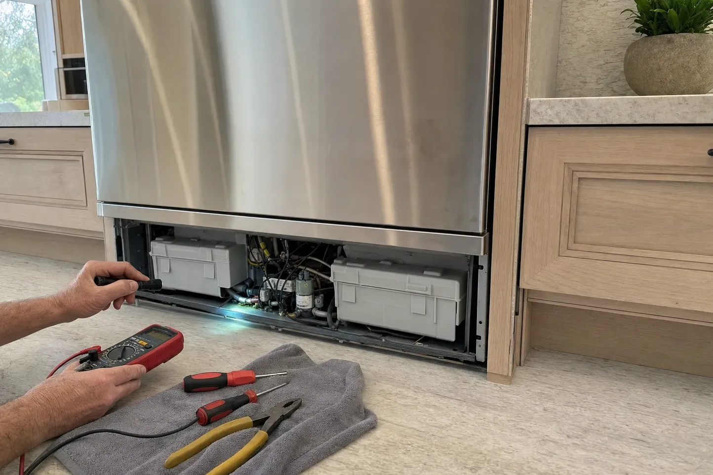 Kneeling at a built-in refrigerator with the grille off, multimeter in hand, work light on the machine compartment and tools on a towel